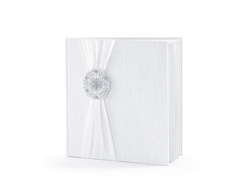 Svatební knihy a fotoalba - Kniha hostů s bílou stuhou a broží