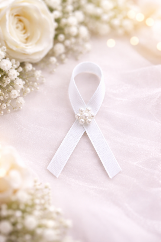 Vývazky, placky a stuhy - Bílý svatební vývazek s perličkovou kytičkou