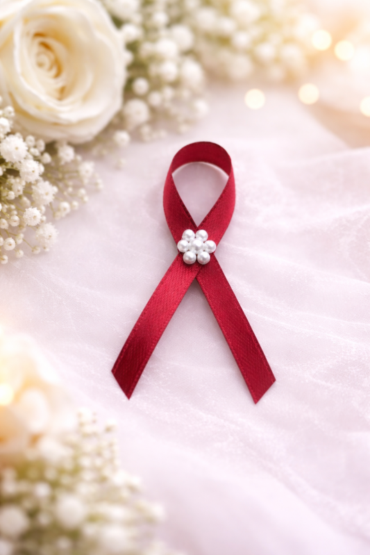 Vývazky, placky a stuhy - Bordó svatební vývazek s perličkovou kytičkou