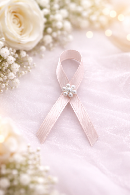 Vývazky, placky a stuhy - Broskový svatební vývazek s perličkovou kytičkou