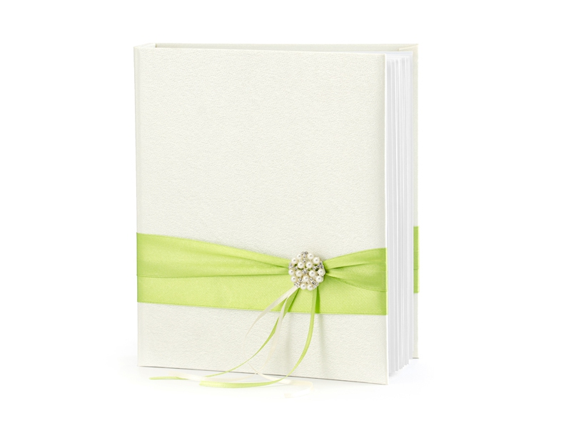 Svatební knihy a fotoalba - Kniha hostů se zelenou stuhou a broží