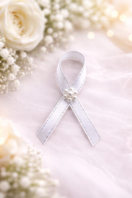 Vývazky, placky a stuhy - Stříbrný svatební vývazek s perličkovou kytičkou