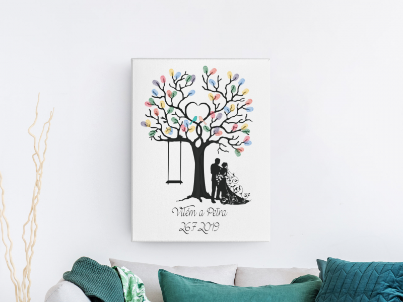 Svatební ozdoby a doplňky - Svatební strom s ptáčky na plátně