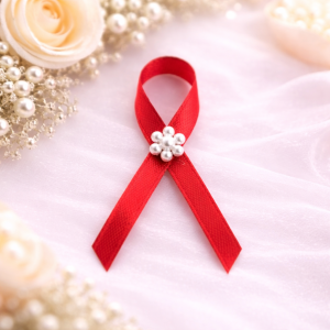 Červený svatební vývazek s perličkovou kytičkou